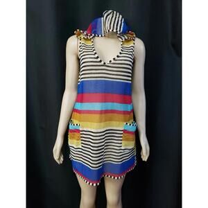 MIRROR IMAGE Open Weave Striped Women's Swim Hooded Cover Up Dress Multi Sz L #C